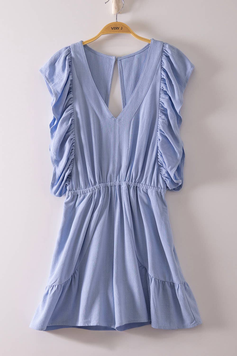 Back Cutout Detail Ruffled Sleeve Romper: Sky