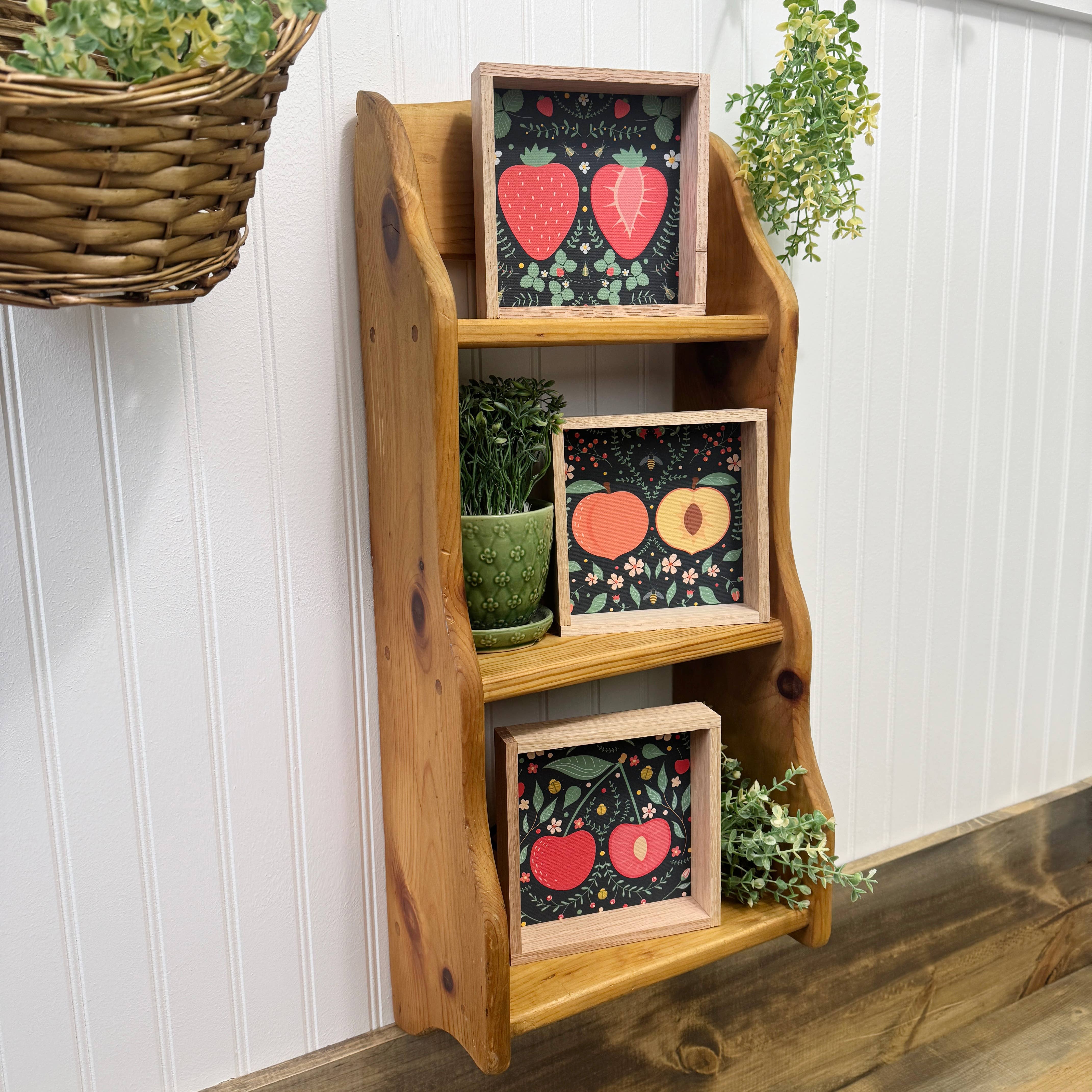 Folk Art Cherry - Cute Cherry Canvas Art - Wood Framed: 6x6" Mini Canvas Art with Wood Box Frame