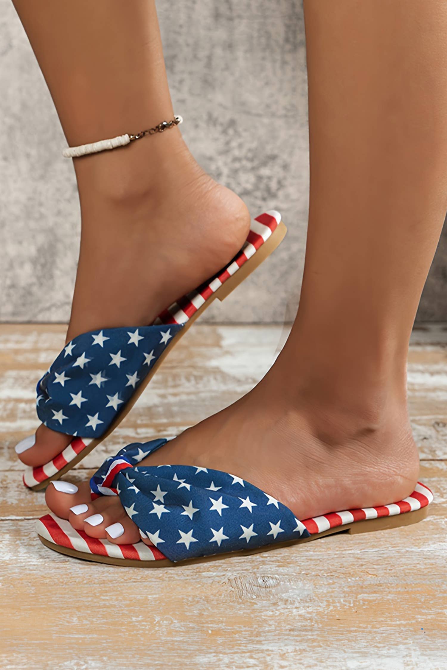 Stars and Stripes Cute Bow Knot Flat Slippers: Blue, 6(37)