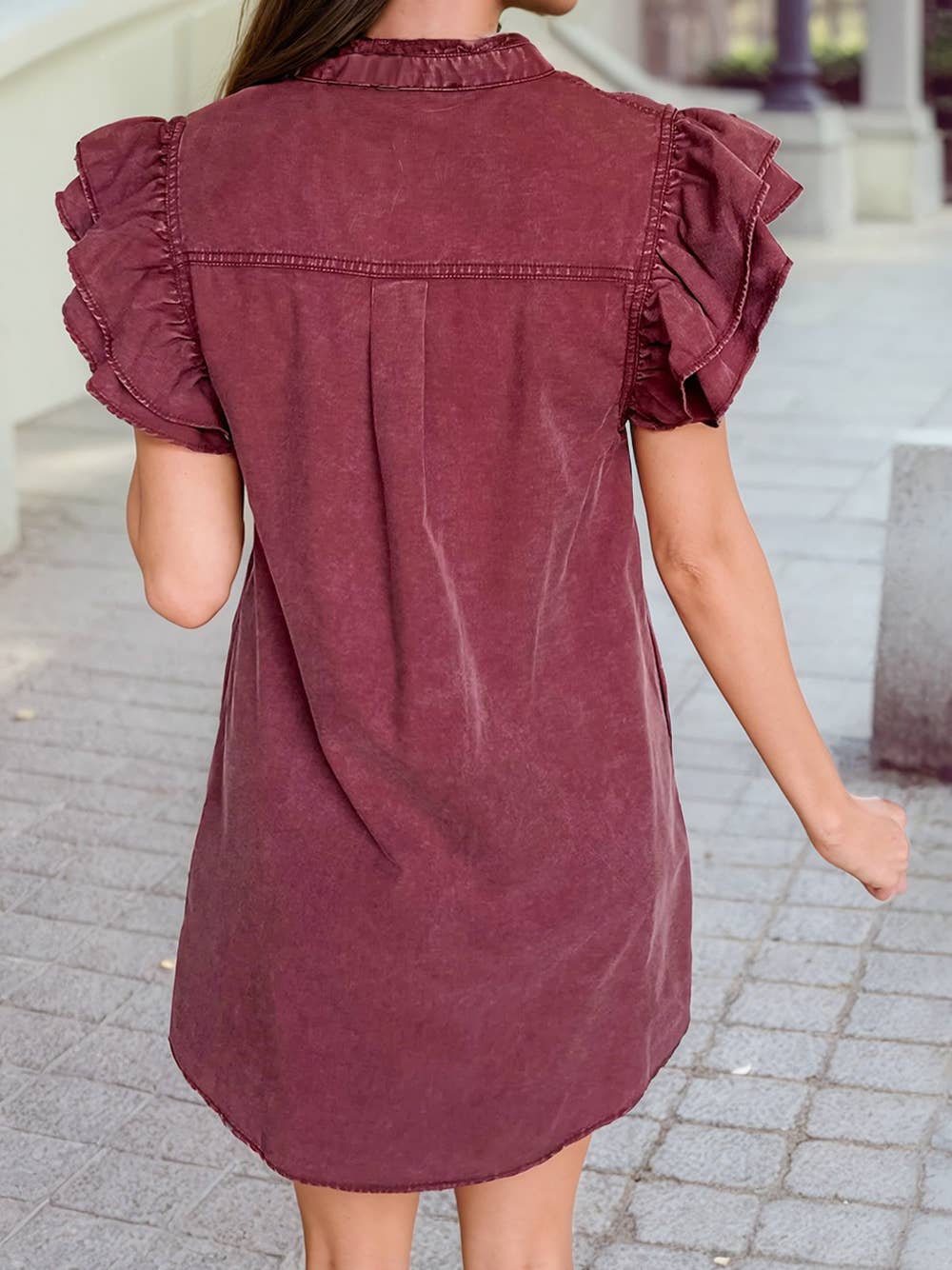 Ruffle Short Sleeve Mini Dress: Red Sandalwood, L