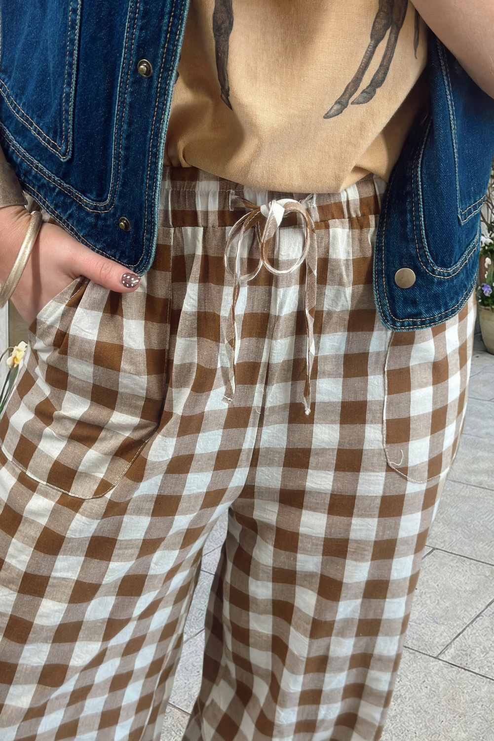 Plaid Print High Waist Straight Leg Pants, Brown, Missy, L