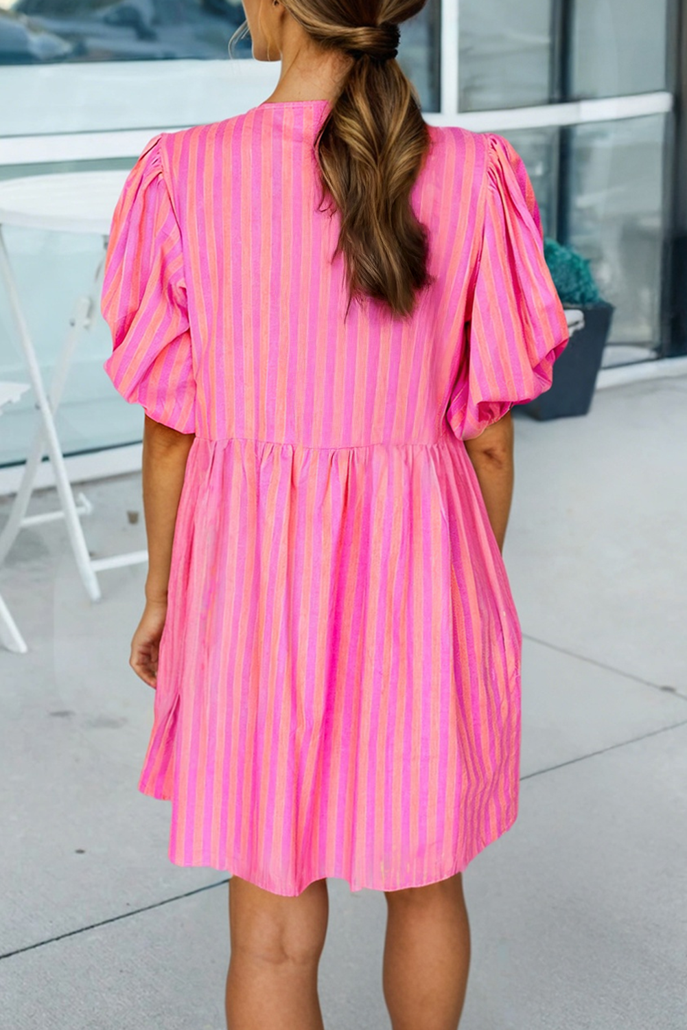 Striped Print Bow Short Puff Sleeve Mini Dress: Pink, L