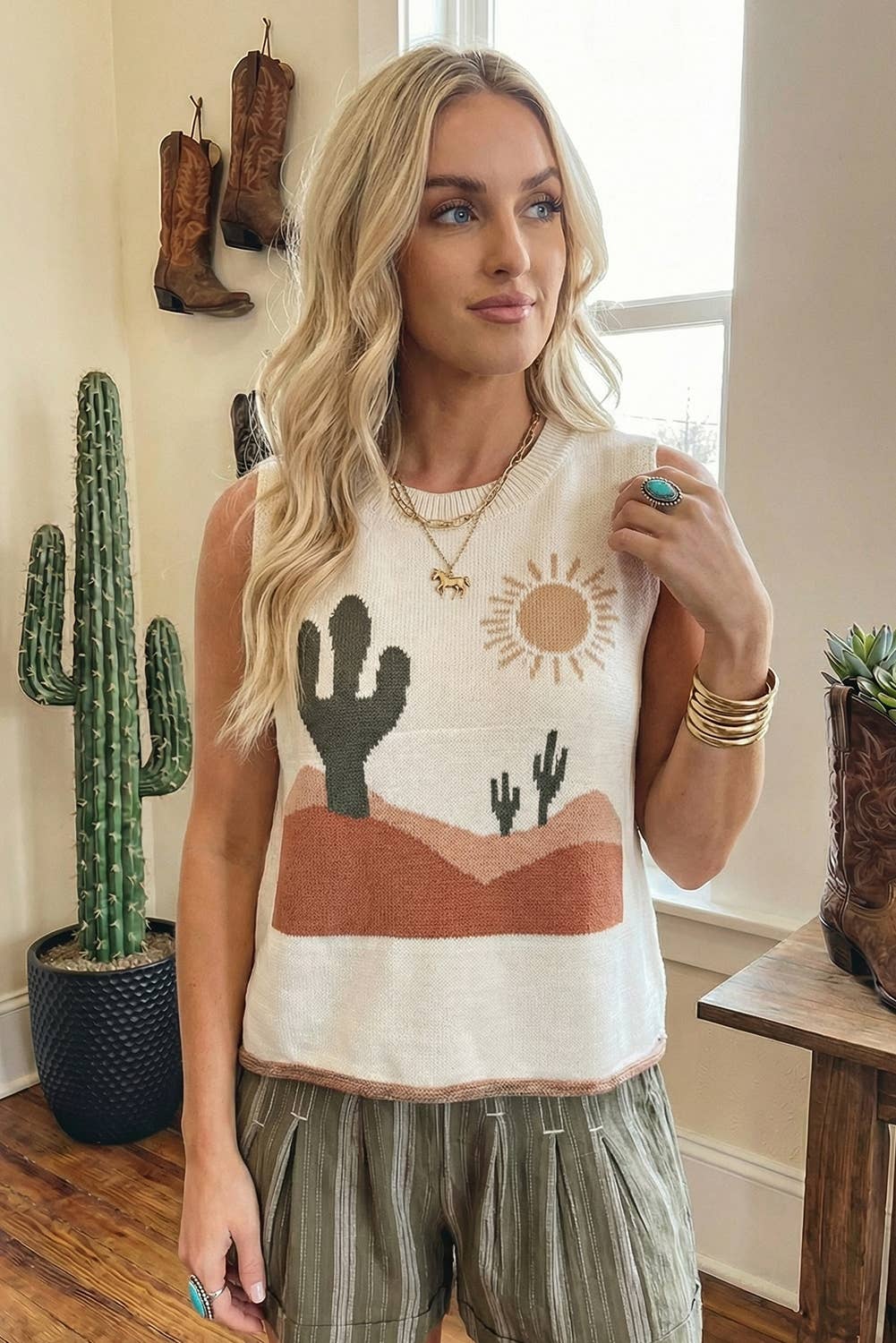 Cactus Desert Print Knit Sweater Tank Top: White, L