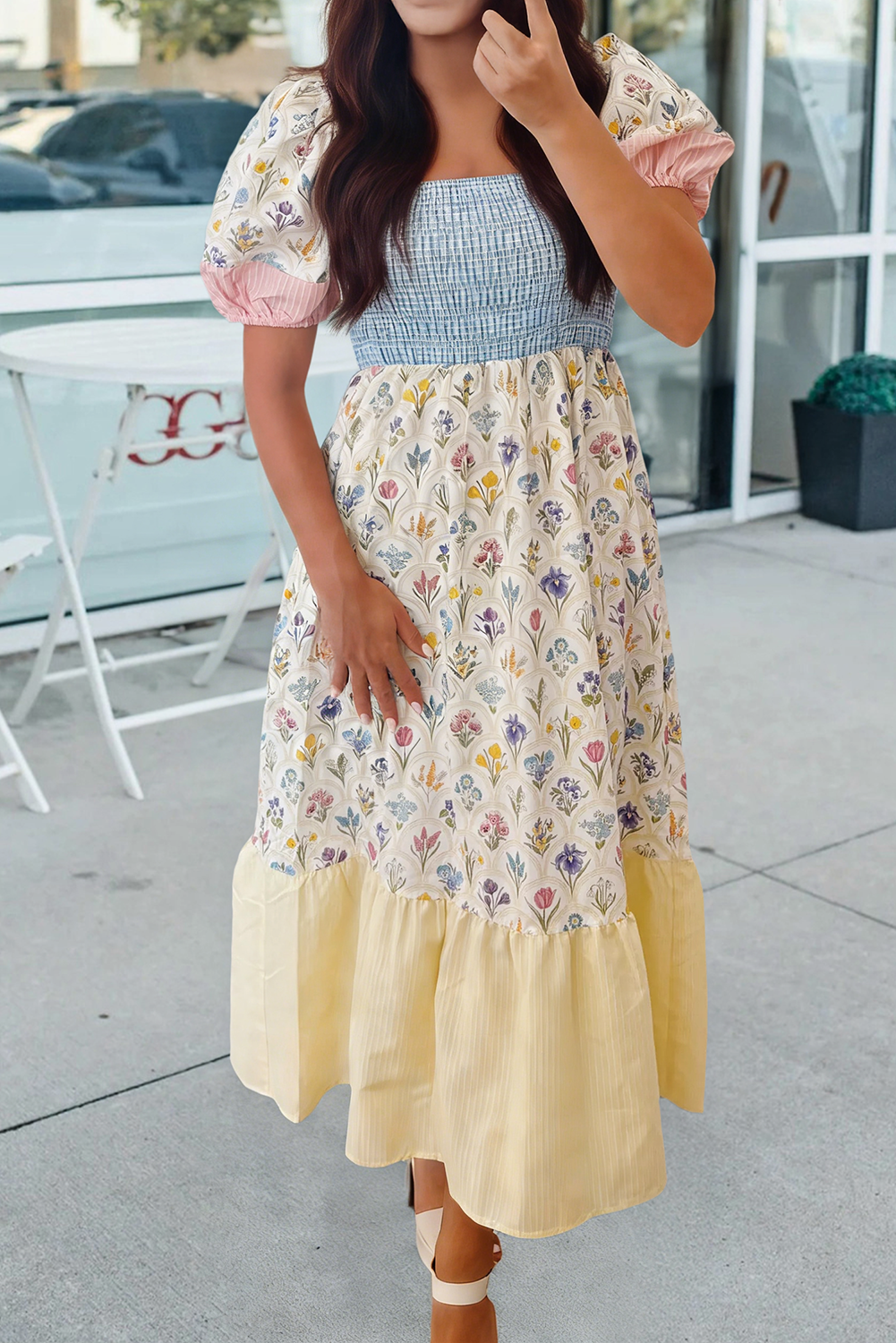 Floral Patchwork Square Neck Long Dress, M
