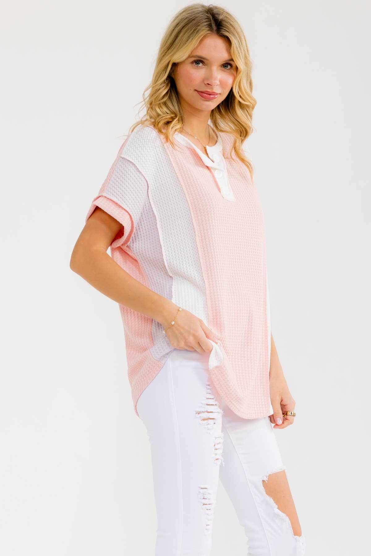 PLUS SIZE Color Block Waffle Knit Top Pink, 1X