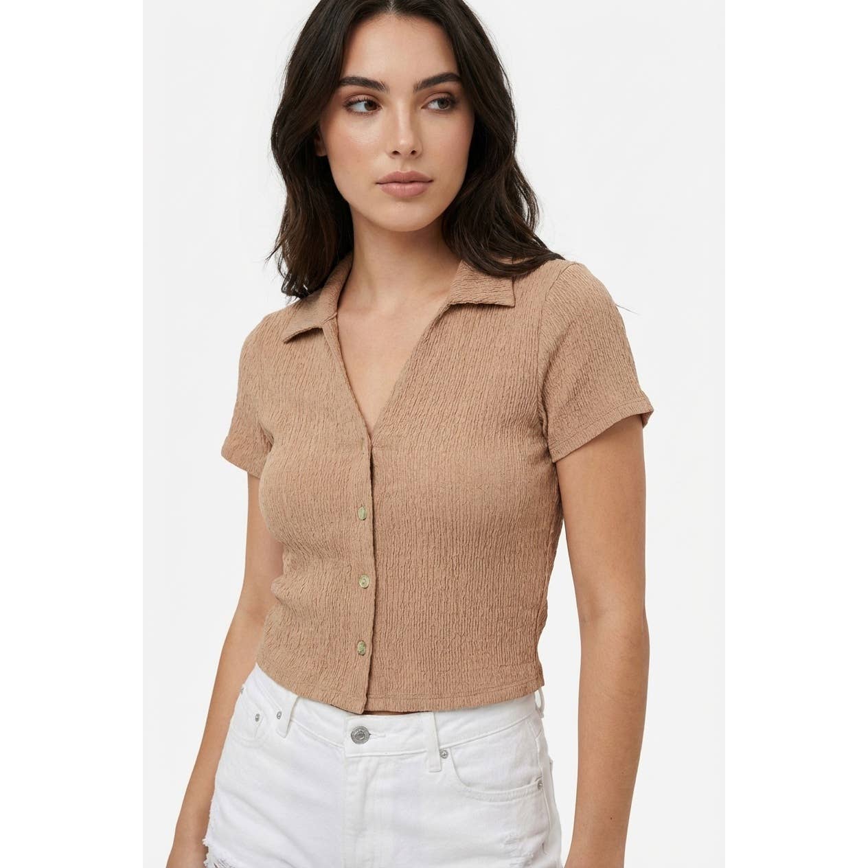 Crinkle Knit Button Front Top: TAN