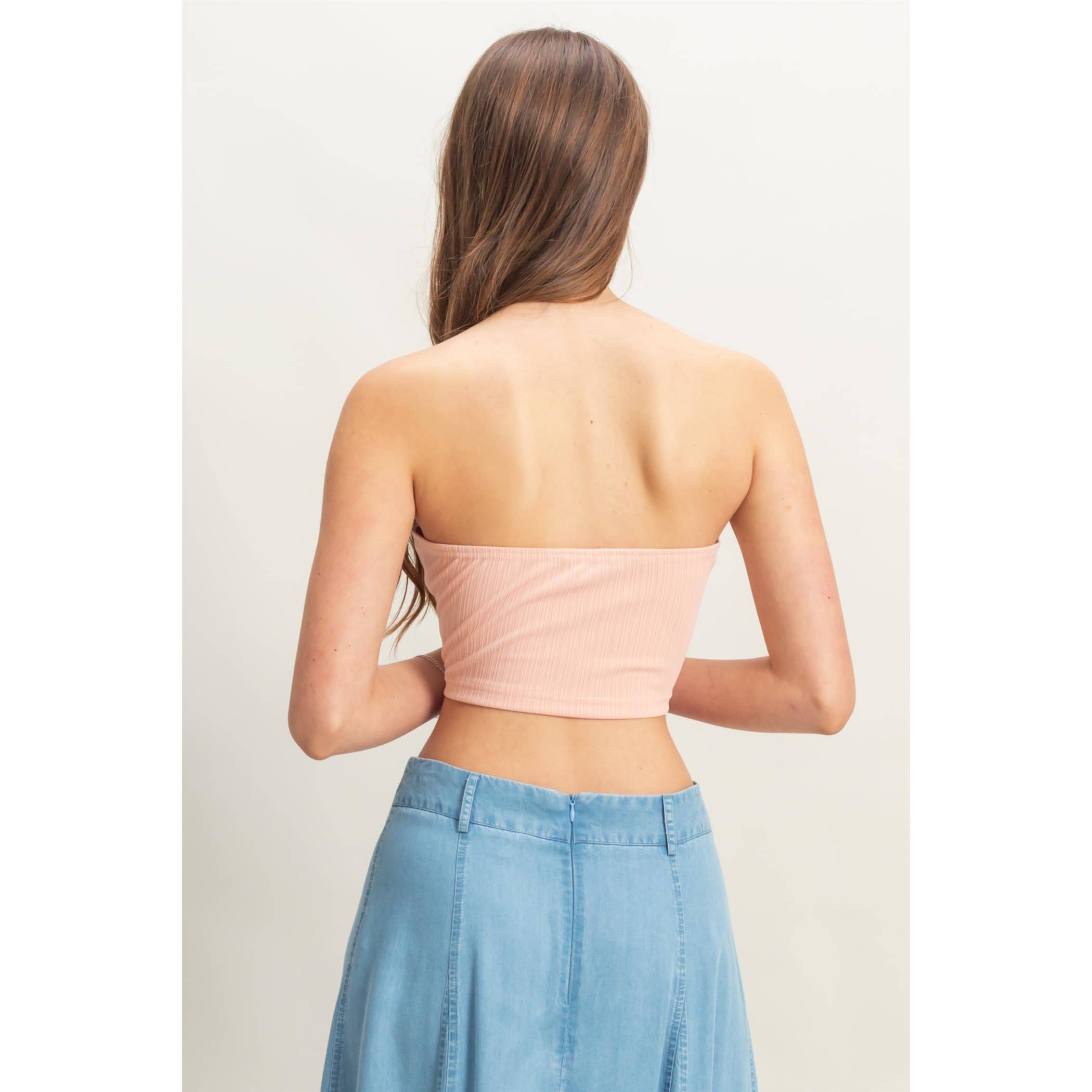 Buttoned Front Strapless Knit Bustier Top: PEACH