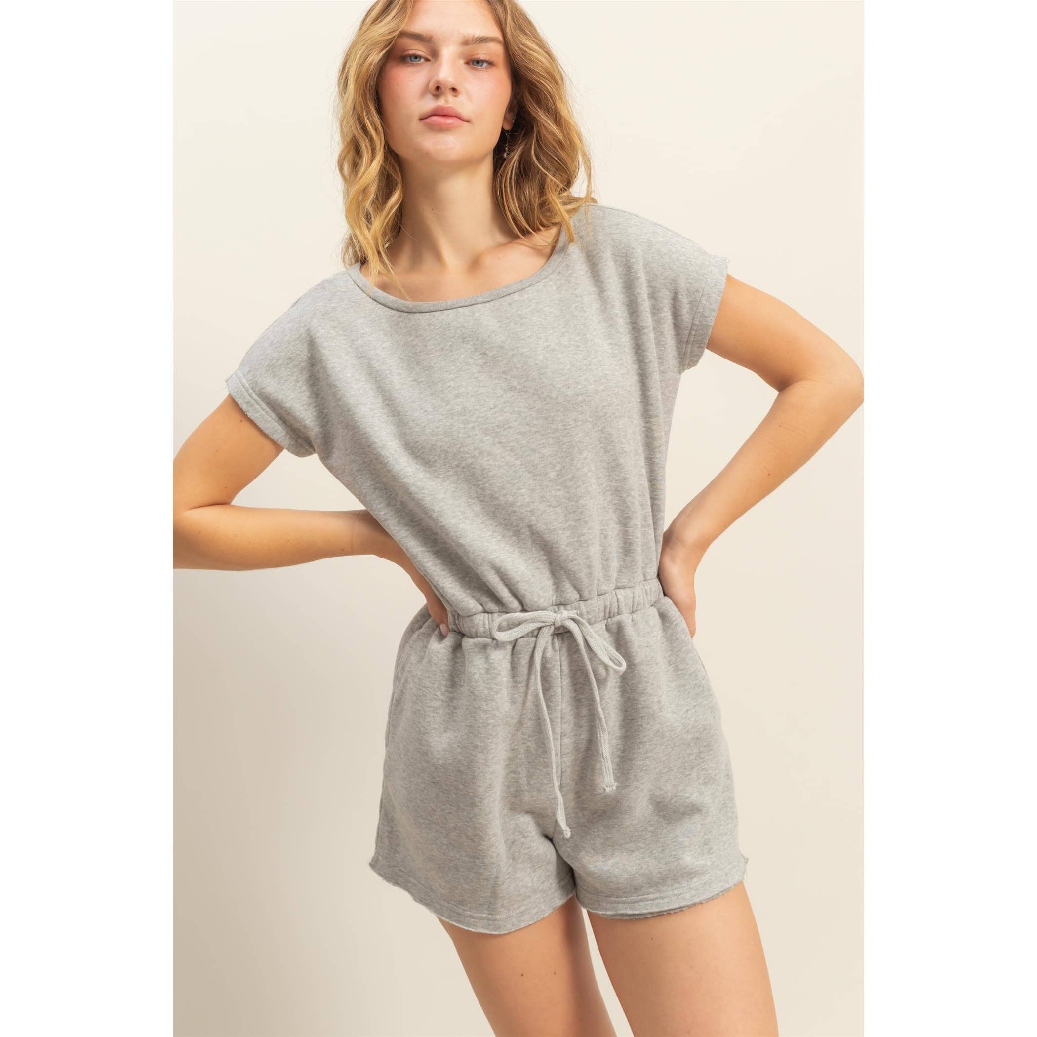 Cap Sleeve Drawstring Waist Romper: SAGE GREEN