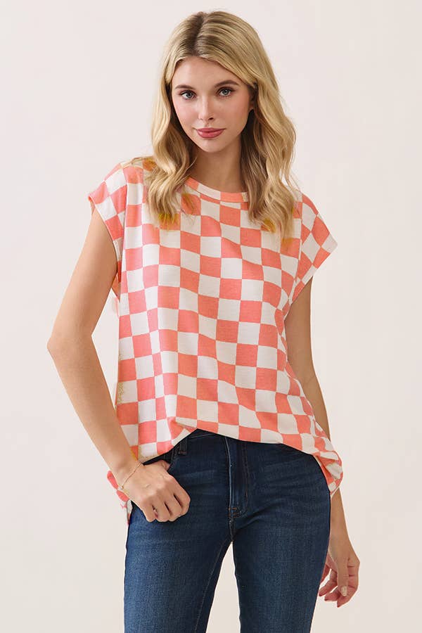 Checkered Print Casual Knit Tee: Orange, L