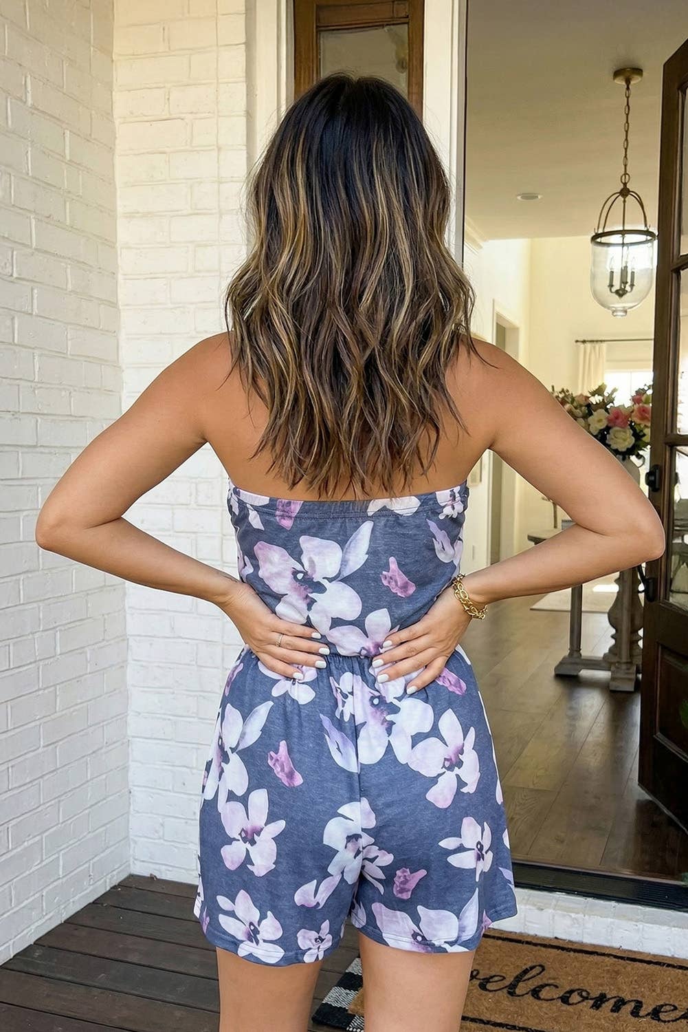 Floral Bandeau Romper With Pockets: Gray, L