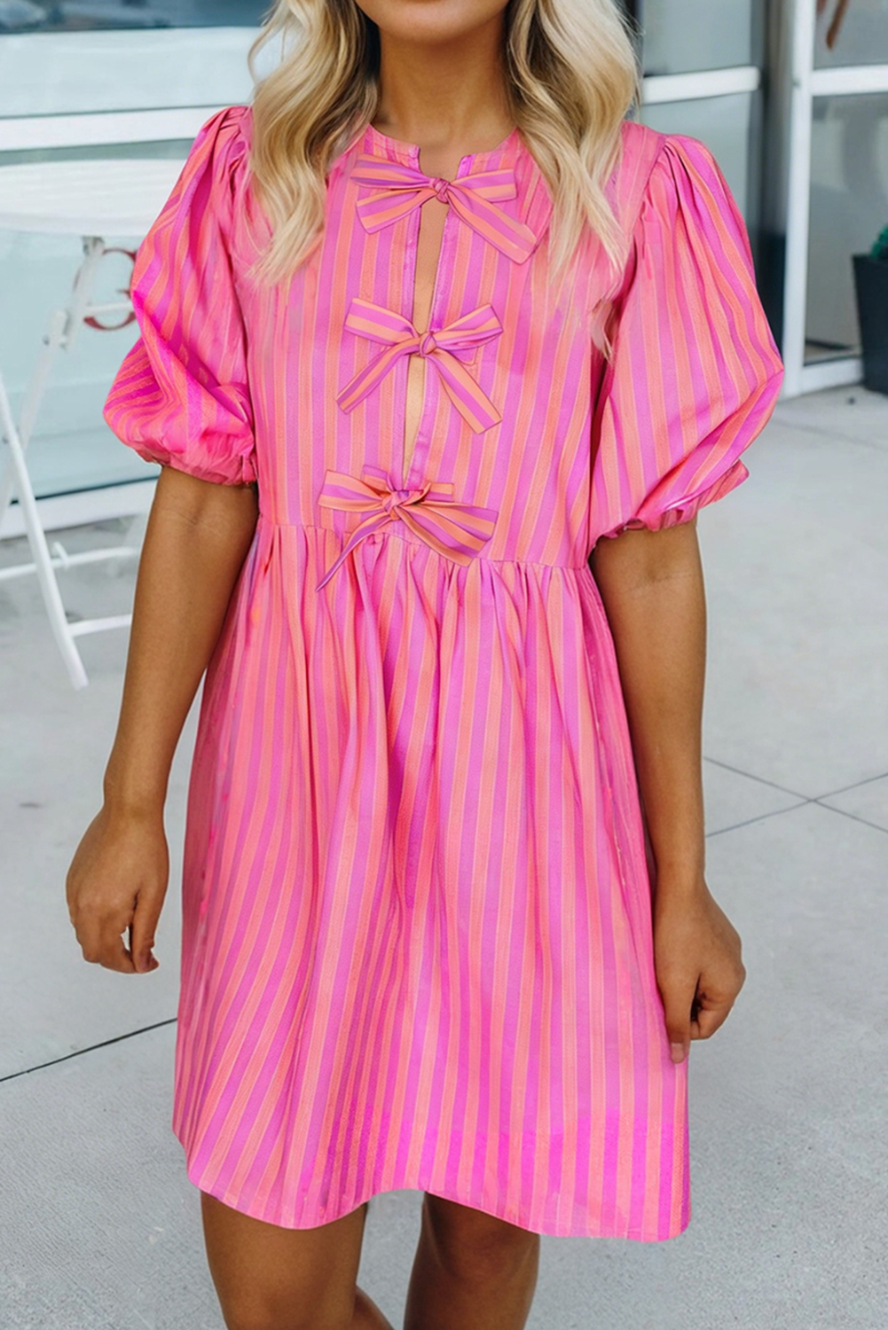 Striped Print Bow Short Puff Sleeve Mini Dress: Pink, L