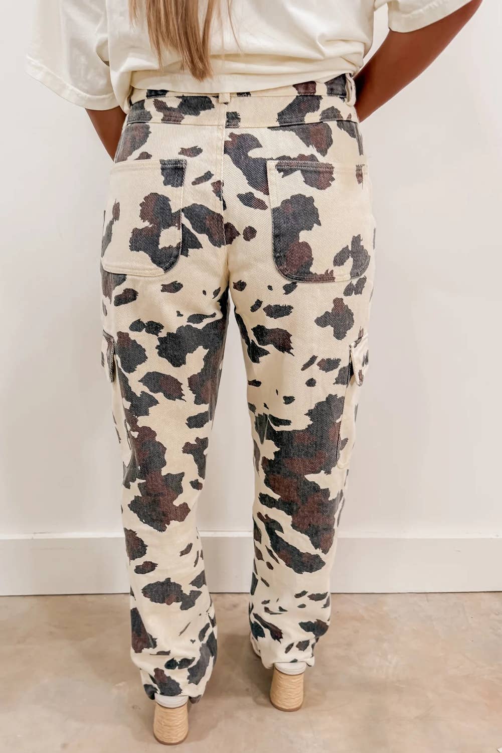 Cow Spots Printed Multi Pocketed Jeans: Brown, 10