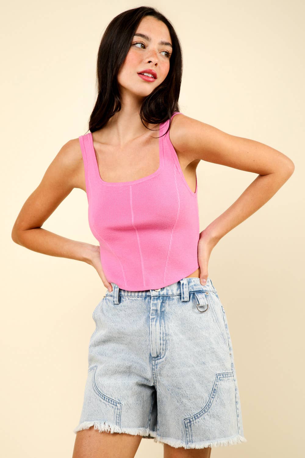 Square Neck Crop Fitted Sweater Knit Tank Top: NUDE