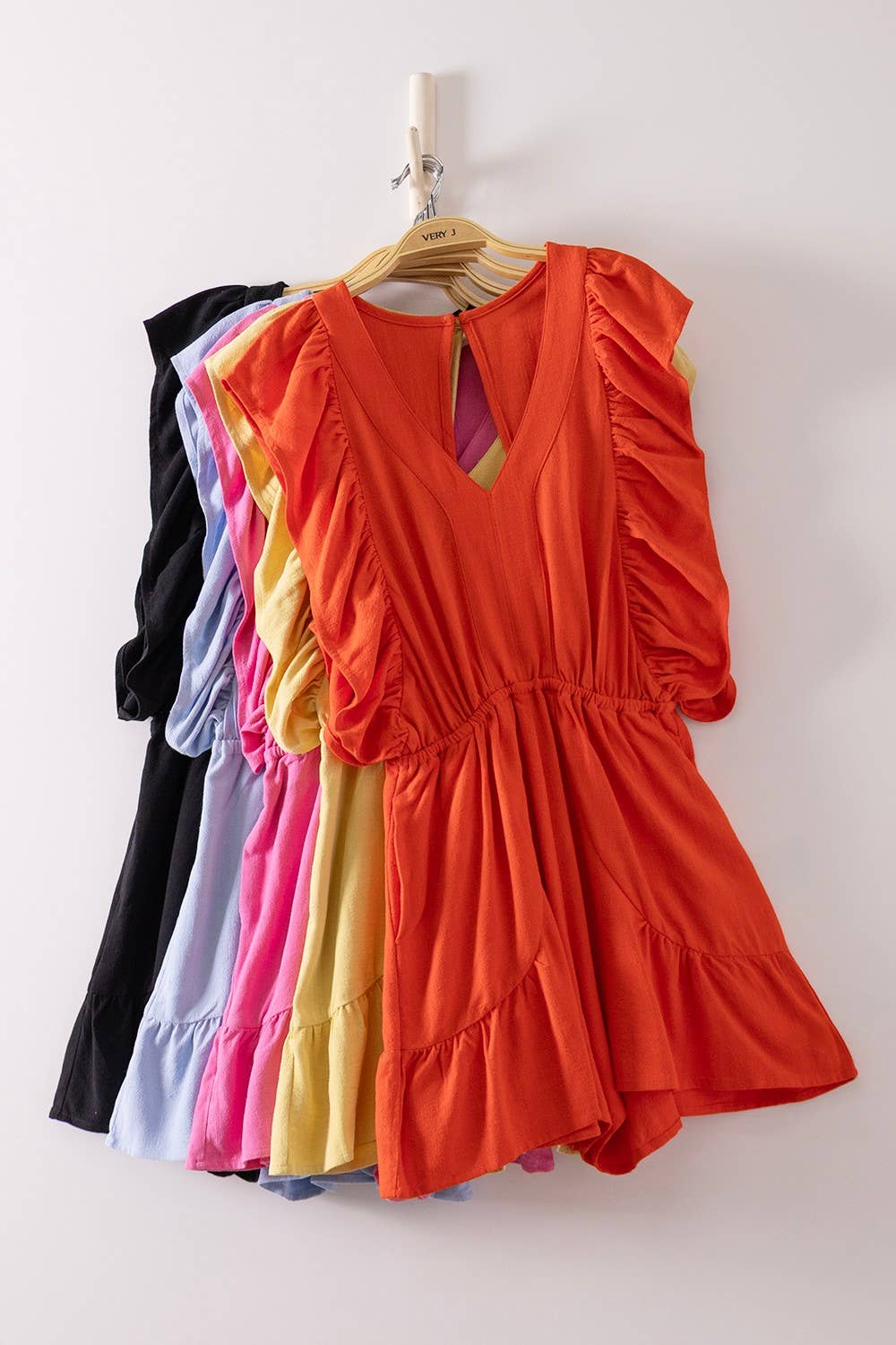 Back Cutout Detail Ruffled Sleeve Romper: Sky