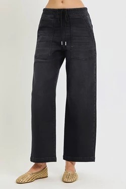 BLACK ELASTIC BAND SLOUCHY CROP JEANS
