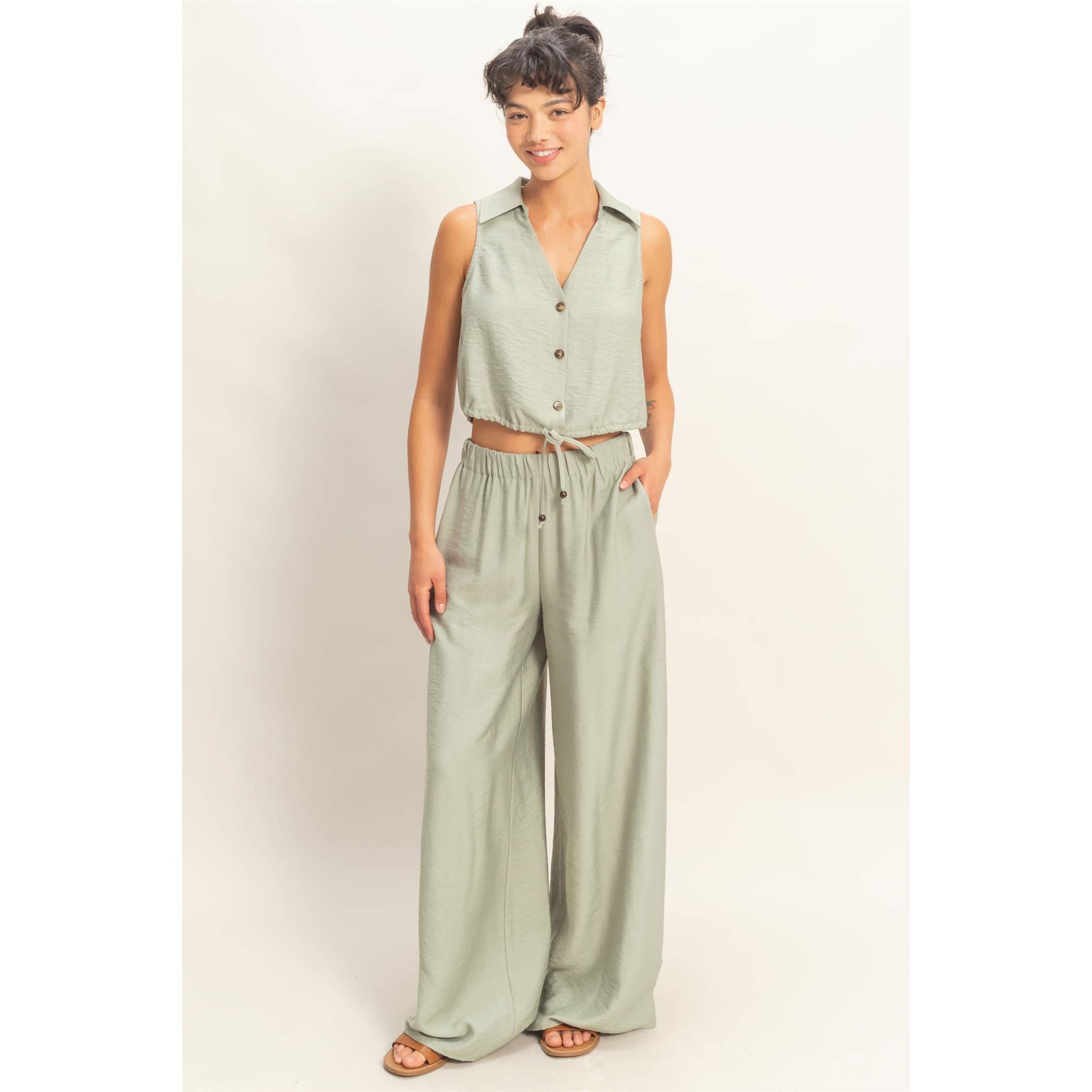 Button Front Vest & Elastic Pants Set: SAGE GREEN