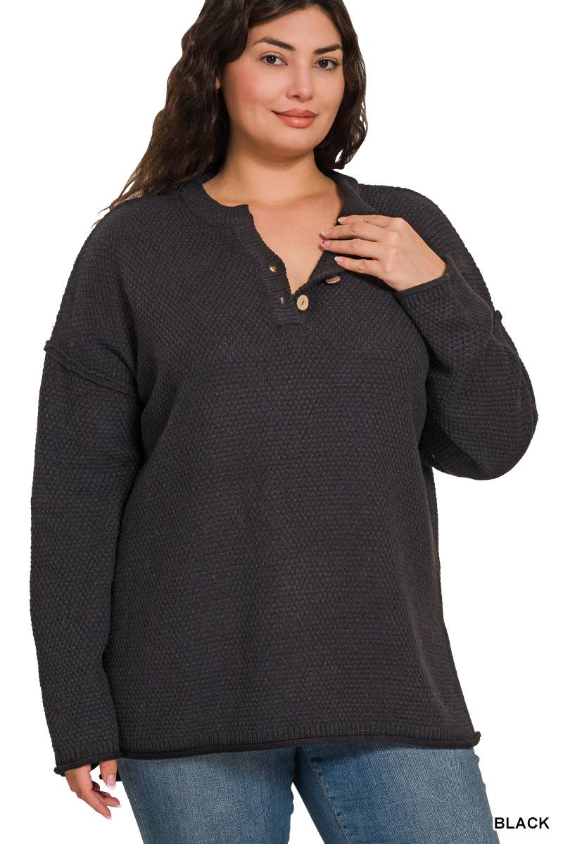 Plus Henley Neckline Sweater: DK OLIVE