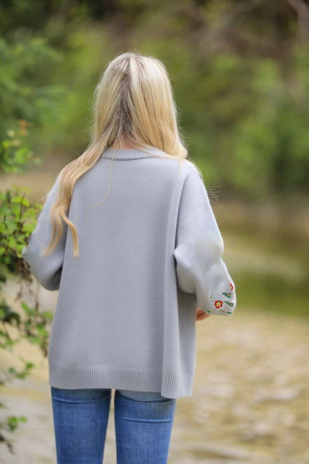 Floral knit cardigan: Blue, M