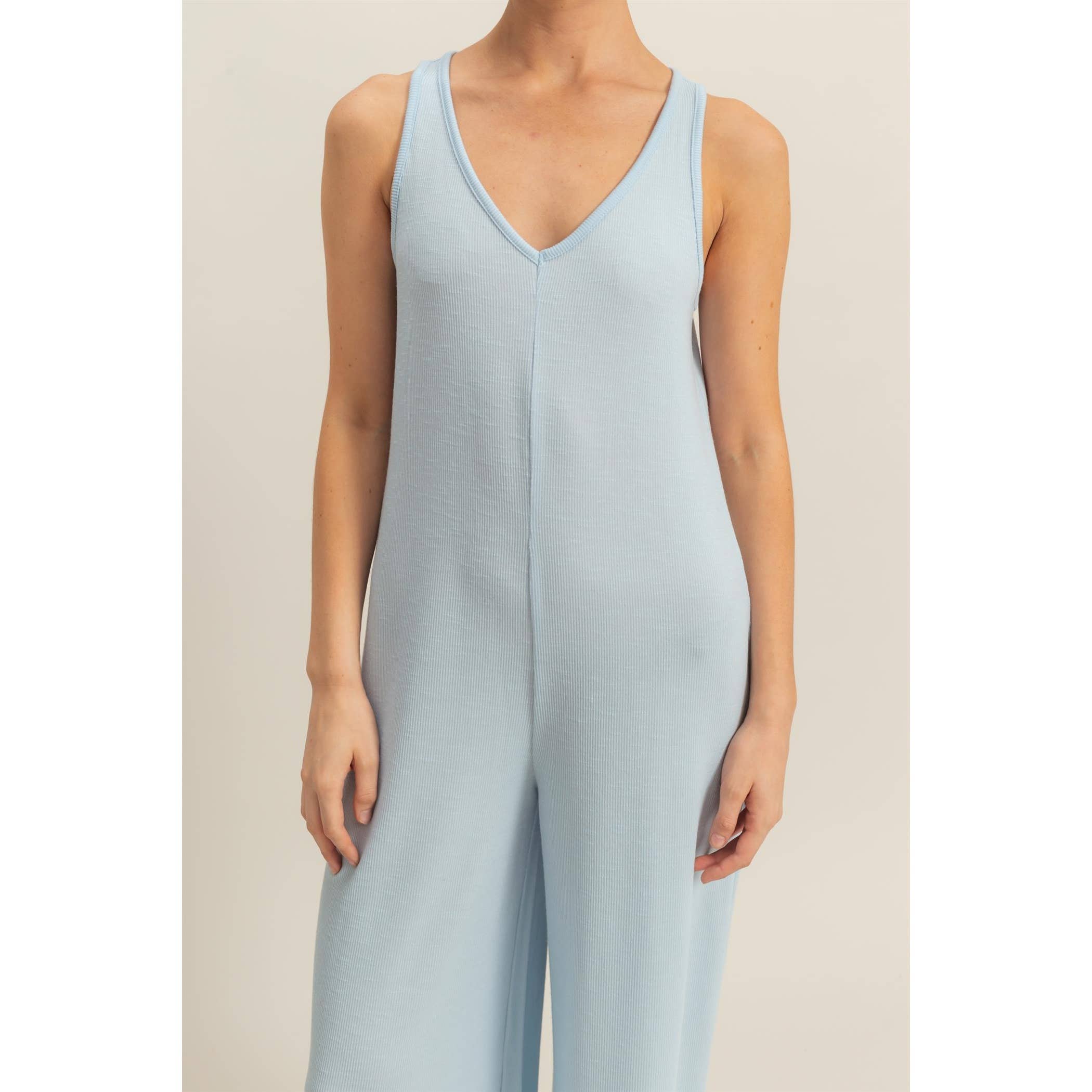 V-Neck Sleeveless Wide Leg Jumpsuit: ICE BLUE