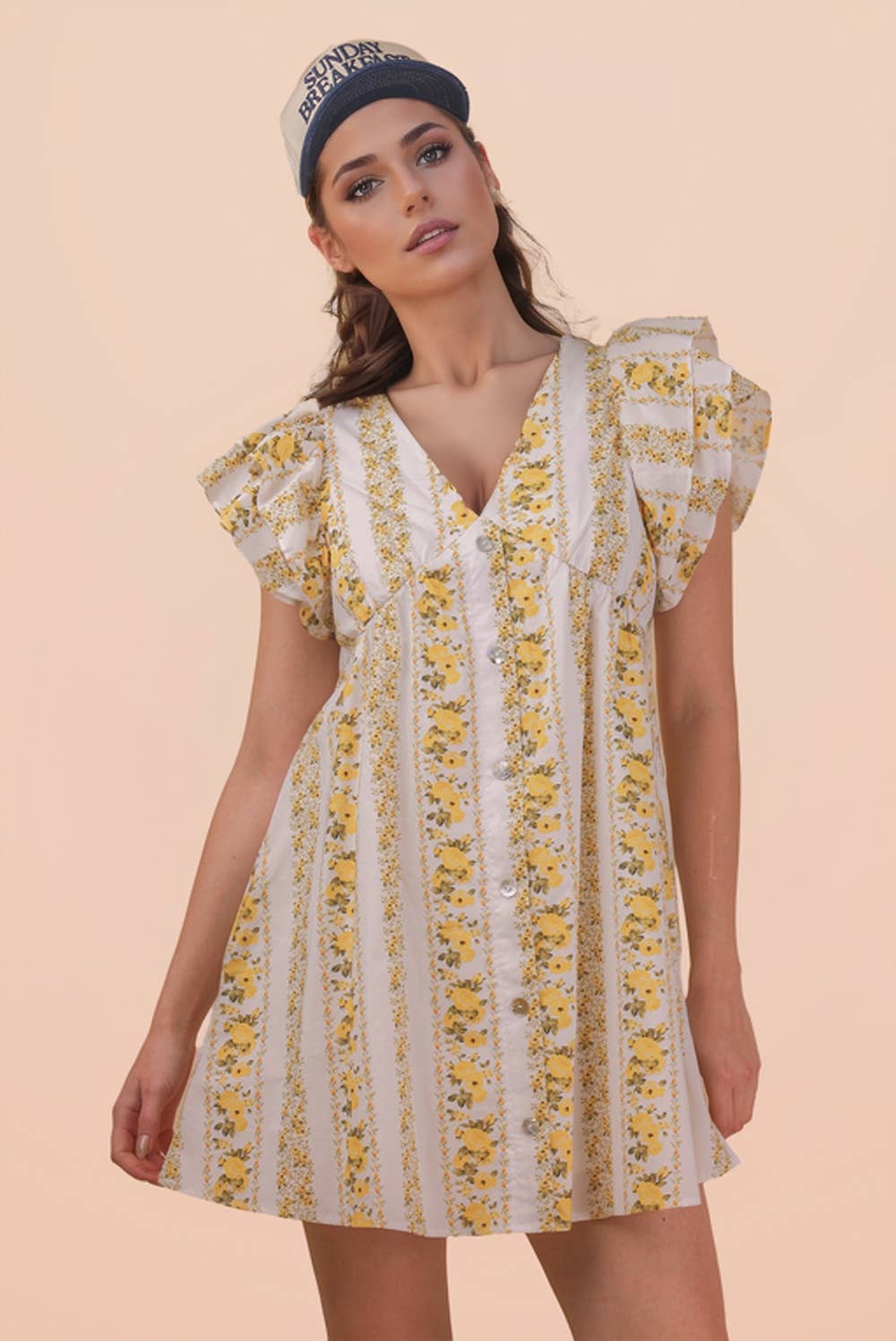 Button Down Printed Ruffle Sleeve Mini Dress: YELLOW MIX