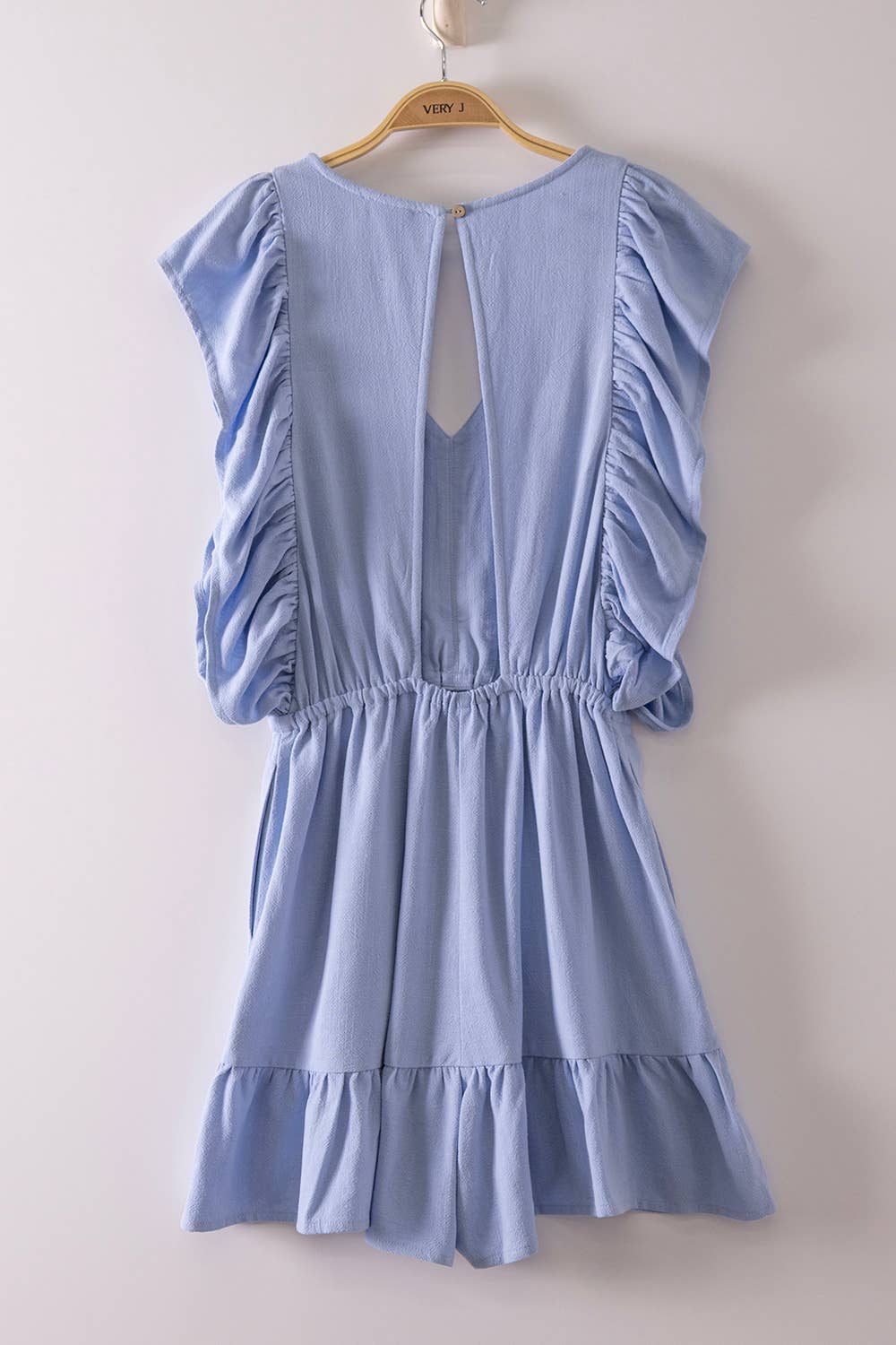 Back Cutout Detail Ruffled Sleeve Romper: Sky