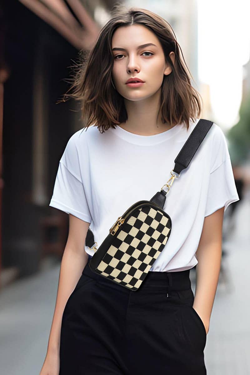 Checkered Crossbody Sling Bag-BLACK, OS