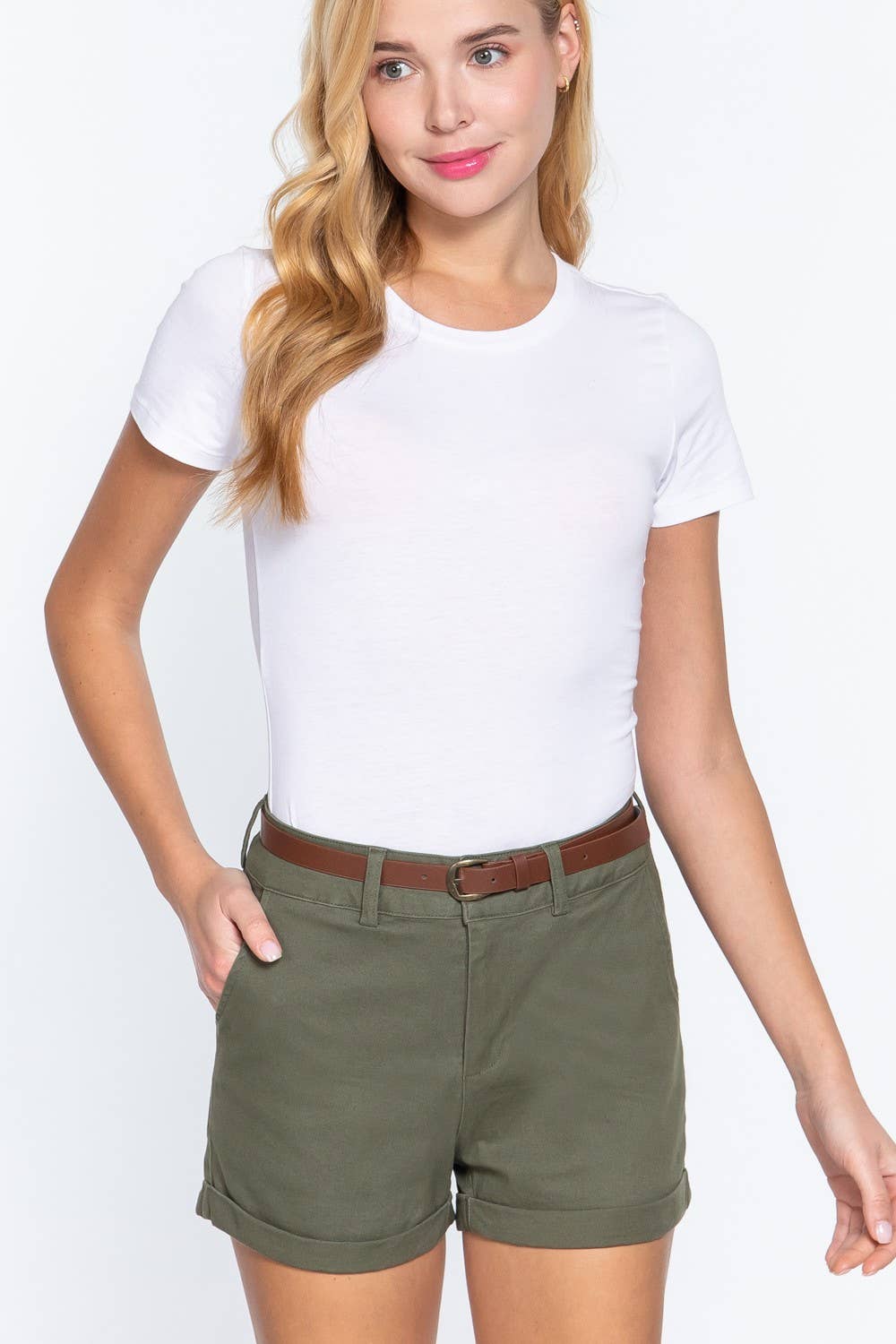 Cotton Spandex Twill Belted Short Pants: Olv-Olive Oil, M