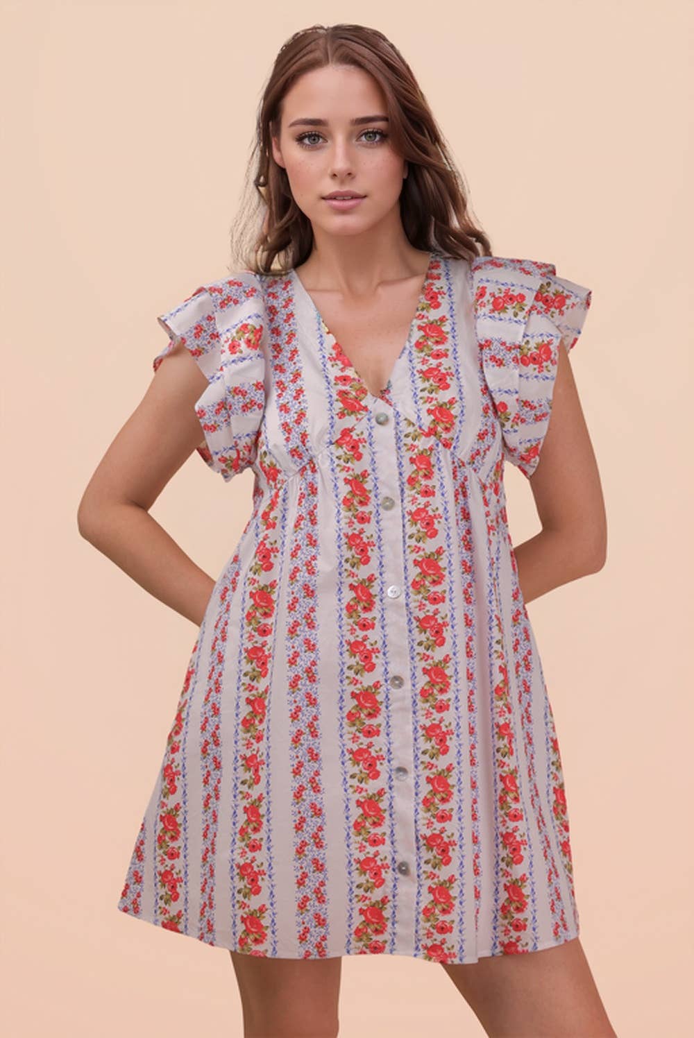 Button Down Printed Ruffle Sleeve Mini Dress: YELLOW MIX