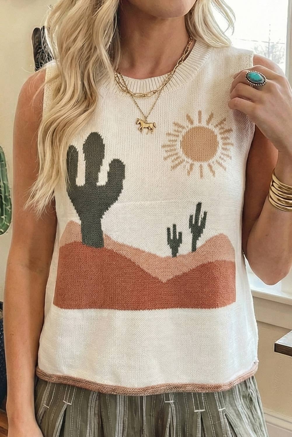 Cactus Desert Print Knit Sweater Tank Top: White, L
