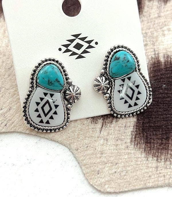 Aztec Turquoise Semi Stone Earrings: Turquoise/Silver
