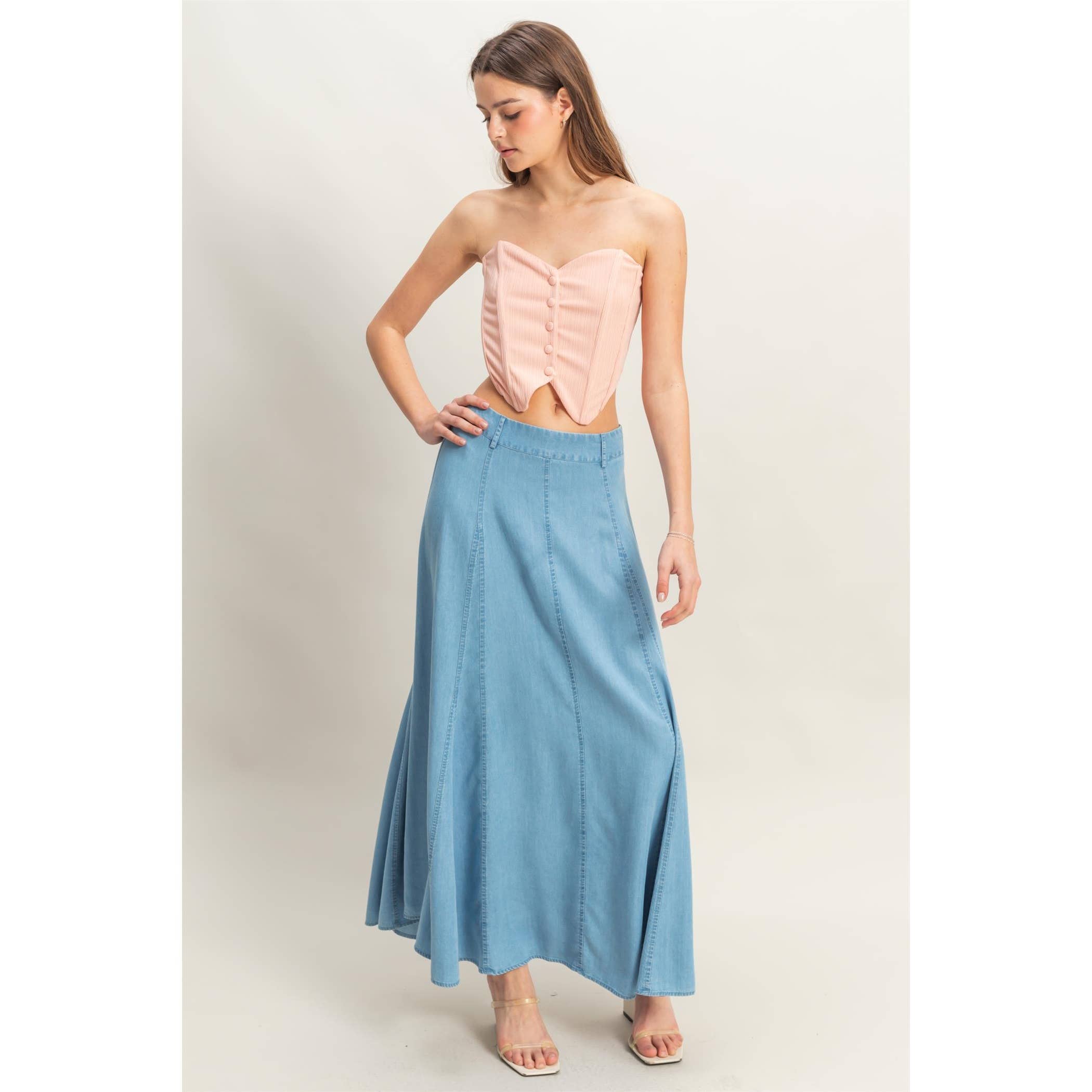 Buttoned Front Strapless Knit Bustier Top: PEACH