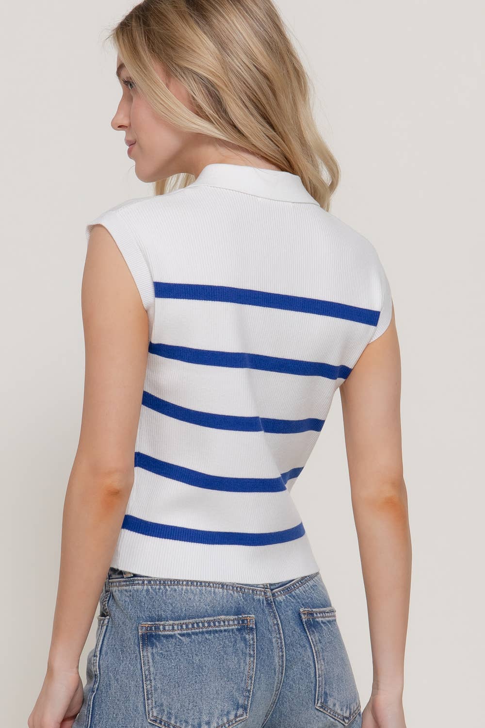 Sleeveless Stripe Polo Spring Sweater: PNK-white/blush, L