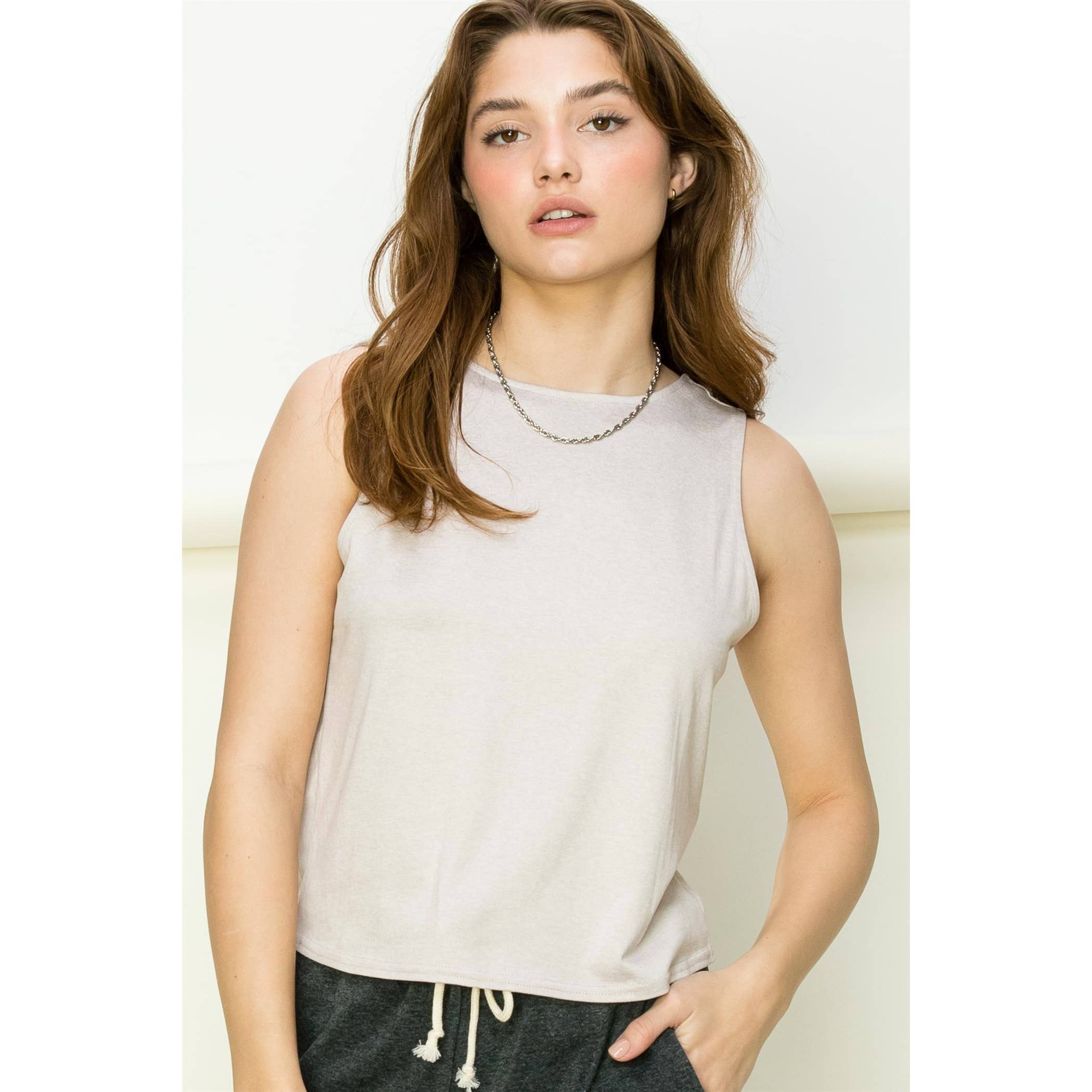 Tie-Back Sleeveless Top: LIGHT HEATHER GRAY
