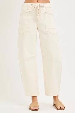 Plus-SLOUCHY CROP BARREL LEG PANTS-IVORY