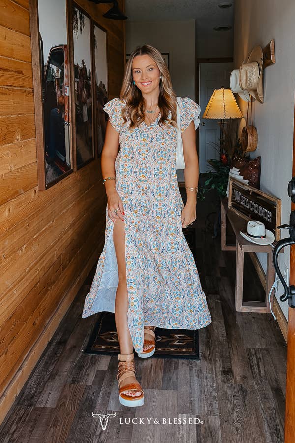 Horse Shoe Floral Printed Short Sleeve Ruffle Cap Tier Dress: L