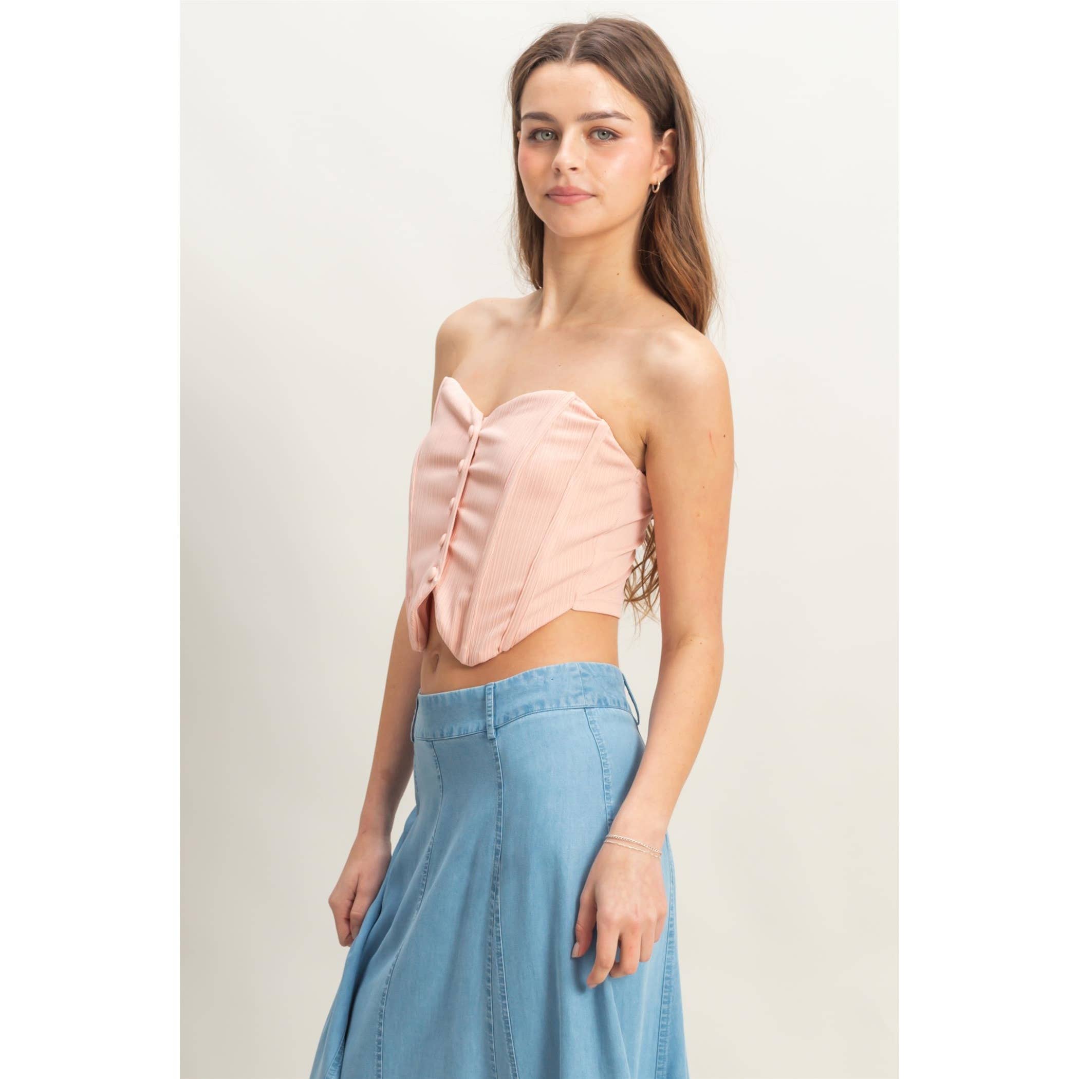 Buttoned Front Strapless Knit Bustier Top: PEACH