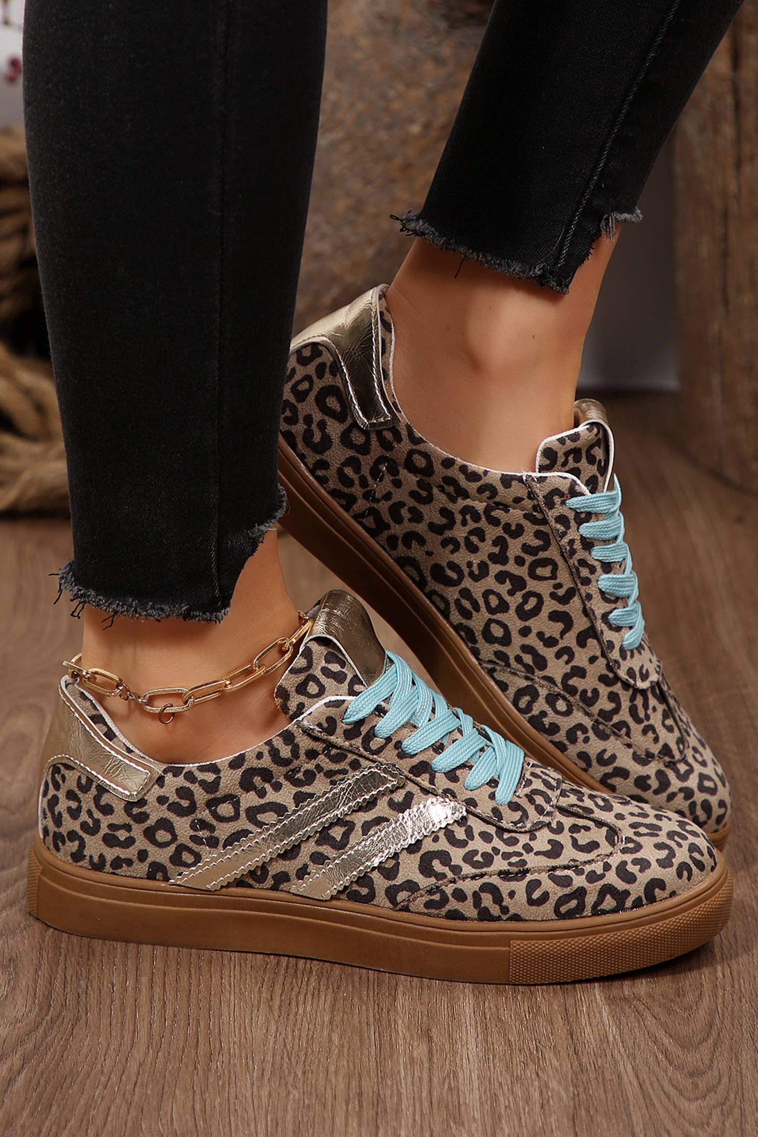 Leopard Print Sleek PU Leather Detail Lace Up Sneakers: Brown, 6