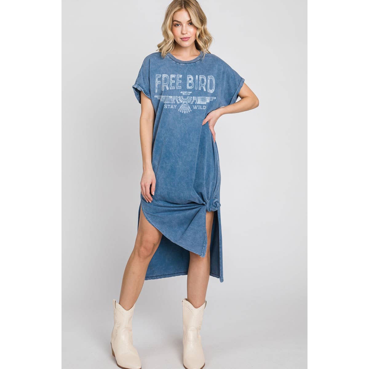 FREE BIRD MINERAL GRAPHIC DRESS: DENIM, M