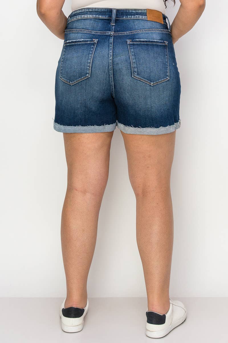 PLUS SIZE - HIGH RISE STRETCH MIDI CUFF SHORT: DARK, 16