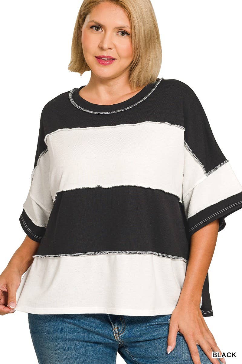 Plus Color Block Exposed Seam Top: LT MAHOGANY
