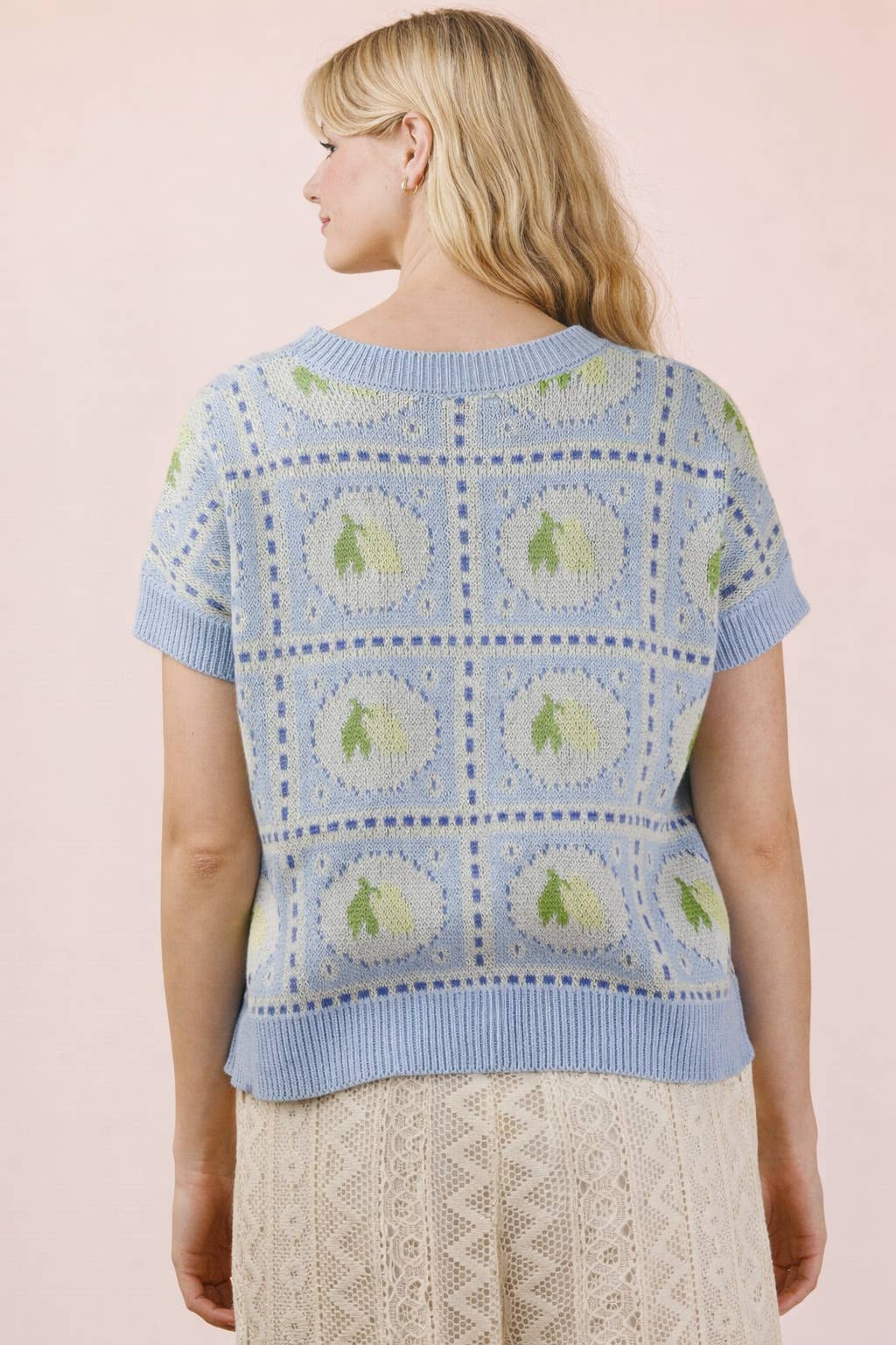 Button Down Lemon Graphic Sweater Summer Cardigan: PINK