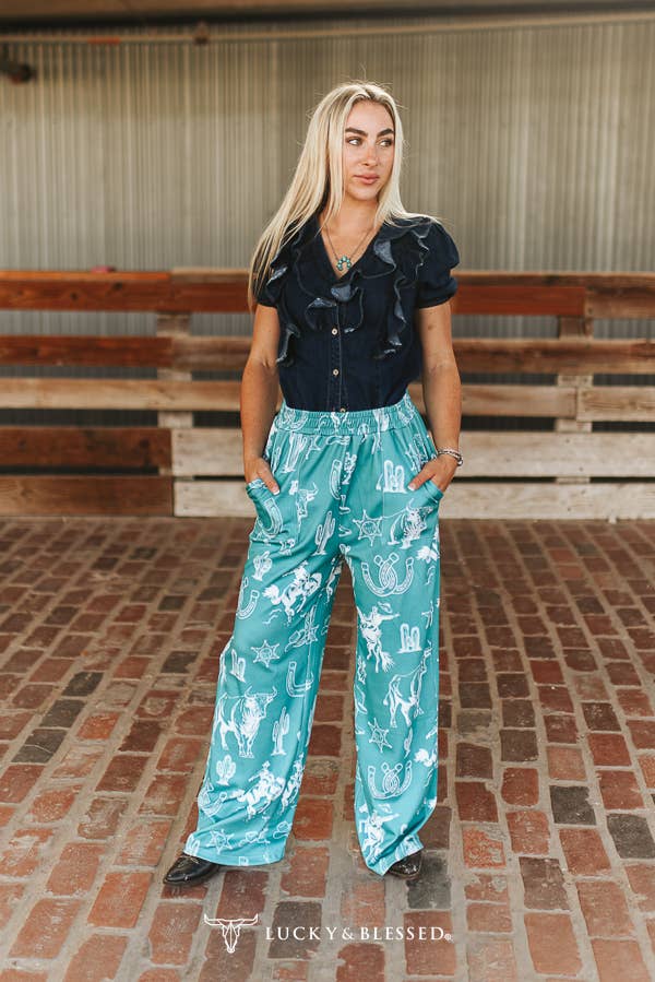 Turquoise Western Printed Elastic Waistband Wide Leg Pants: L
