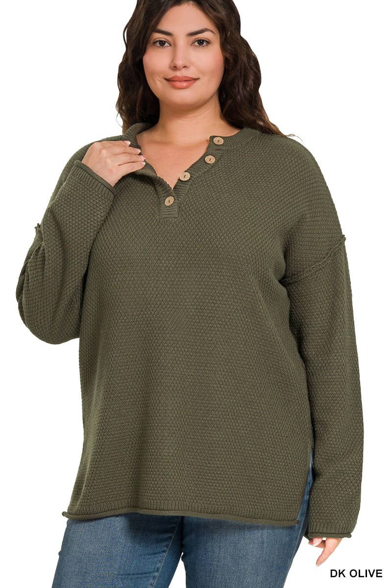Plus Henley Neckline Sweater: DK OLIVE