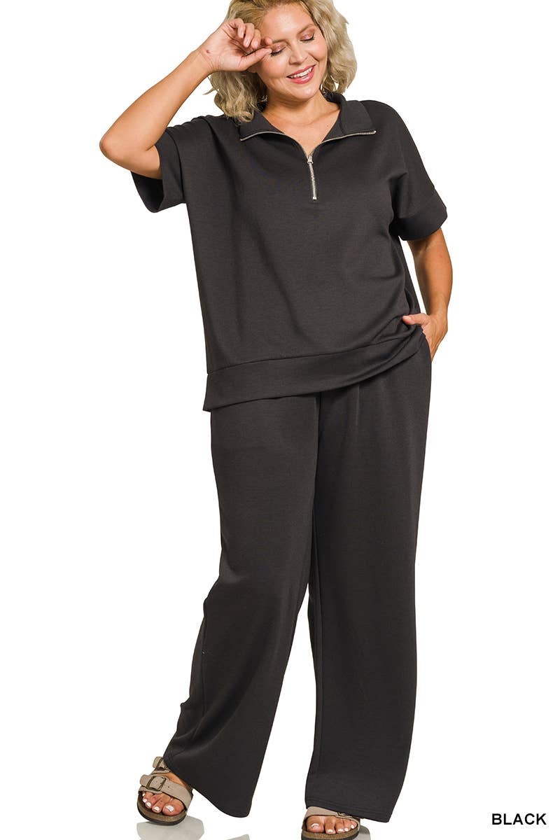 Plus Scuba High Neck Half Zip Top & Pants Set -BLACK, 2X
