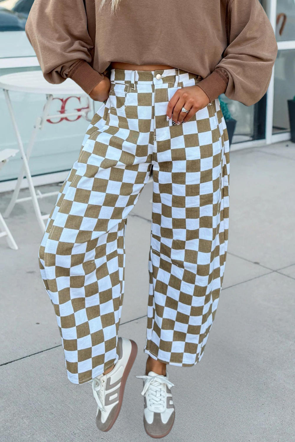 Checkered Print Denim Barrel Pants: White, 10