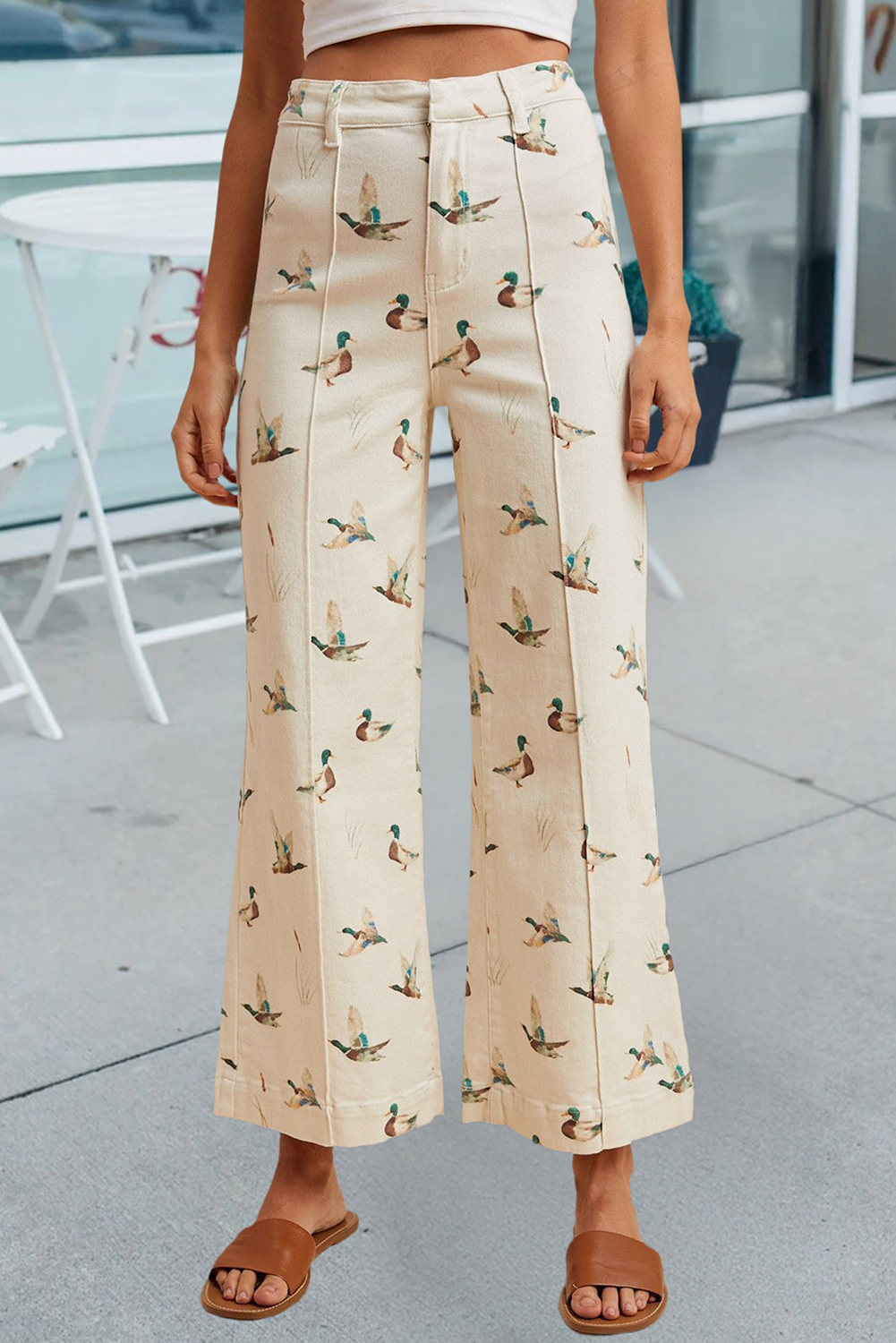 Flying Duck Print High Waist Wide Leg Jeans: Beige, 10