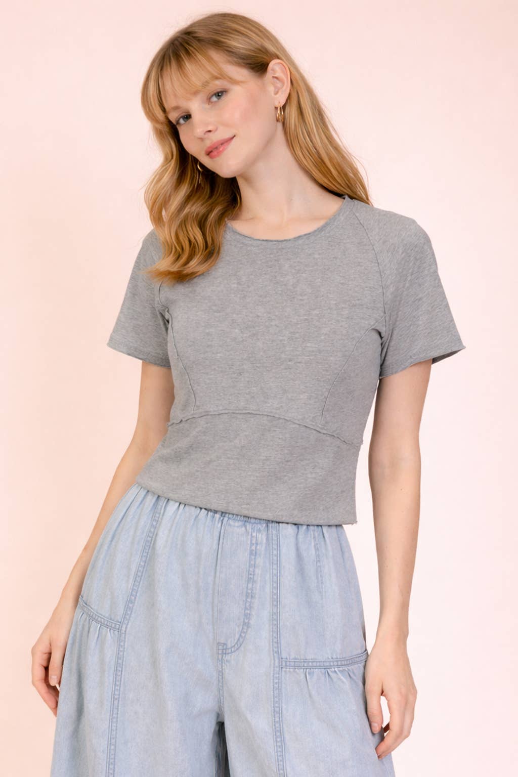 Mineral Washed Knit Fitted Casual Crop Top: H GRAY