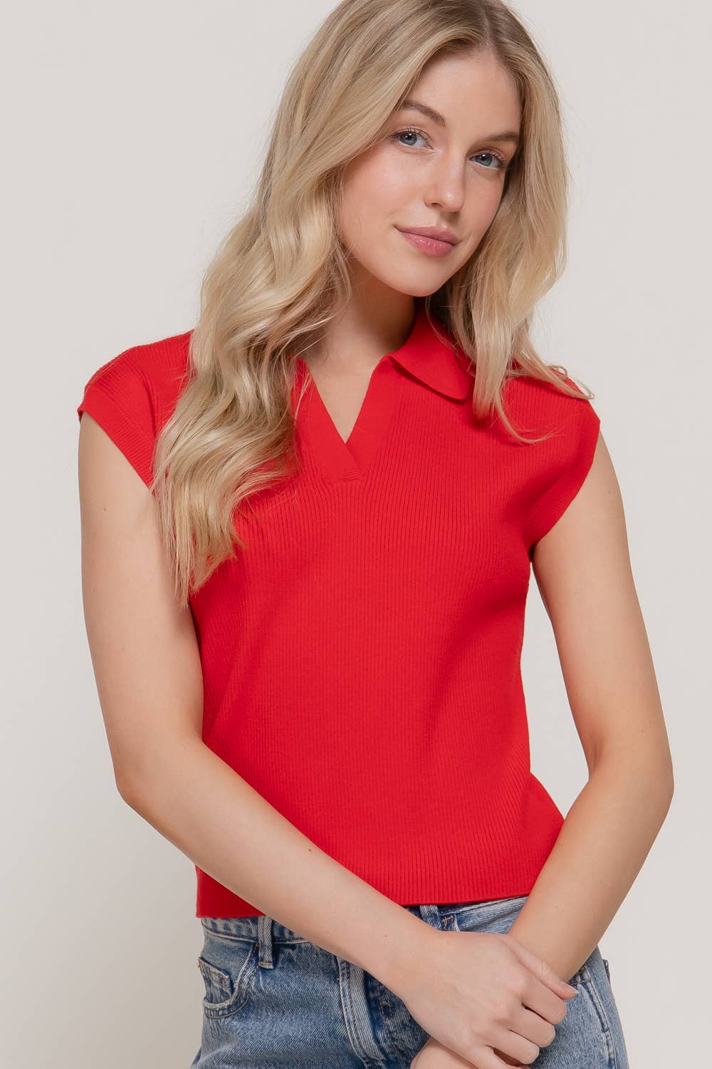 Sleeveless Polo Sprint Sweater: RED-red, L