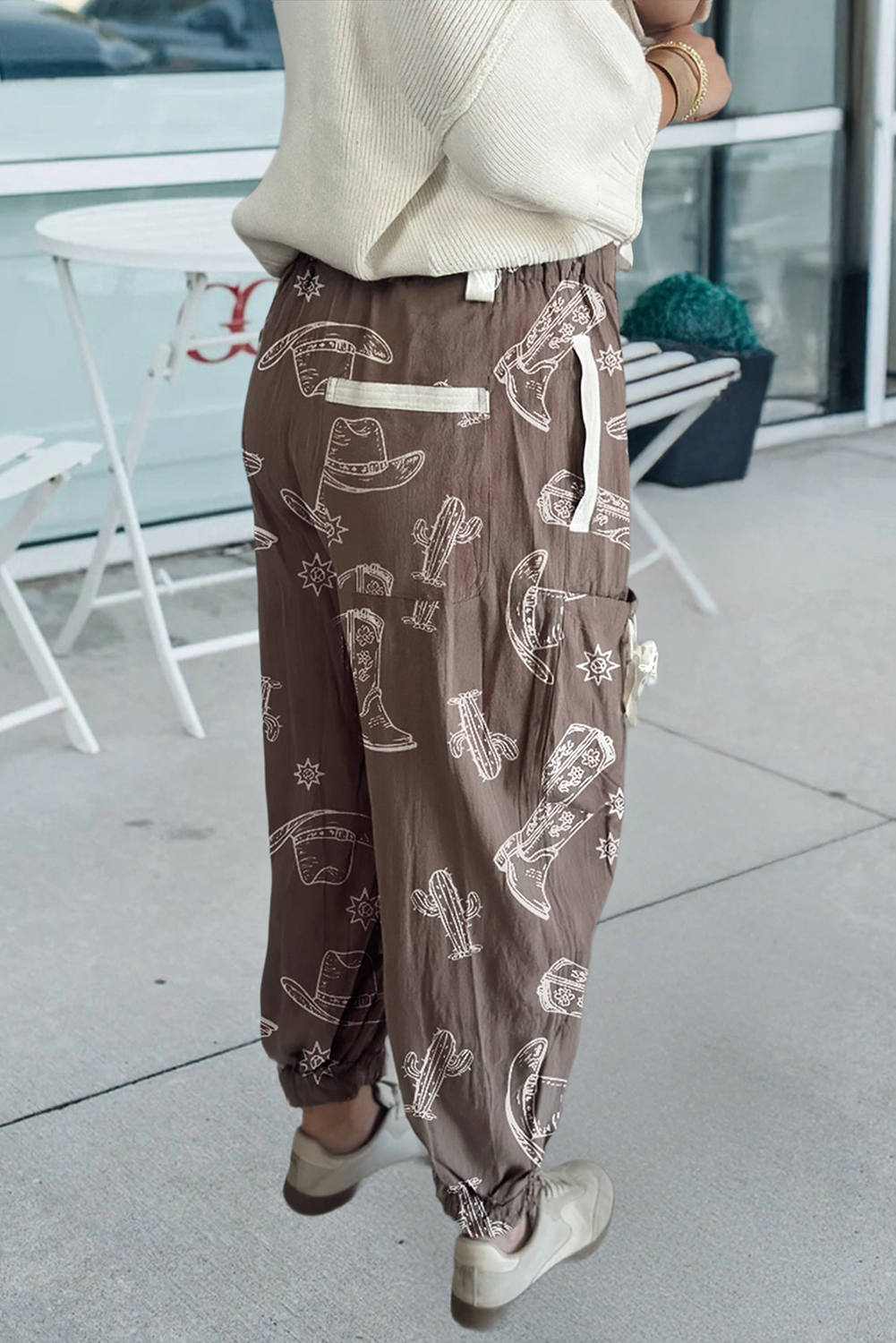 Western Cactus Cowgirl Hat Boot Printed Jogger Pants: Brown, L