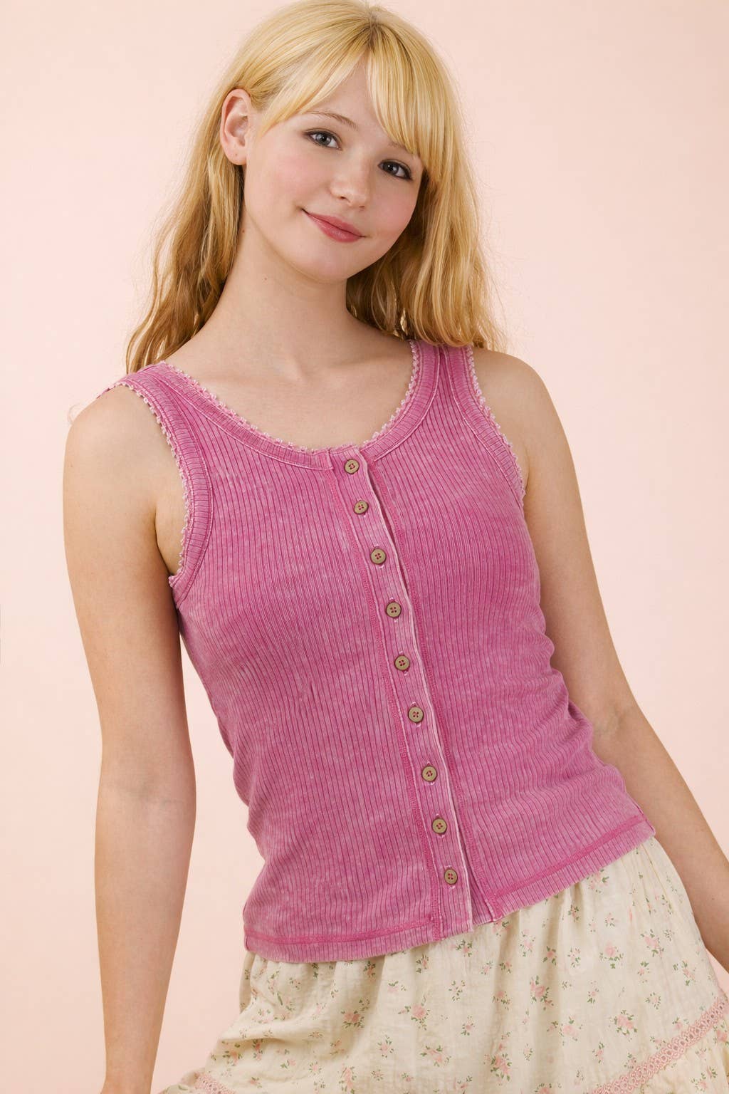 Mineral Washed Knit Tank Top W/ Lace Trim: SAGE